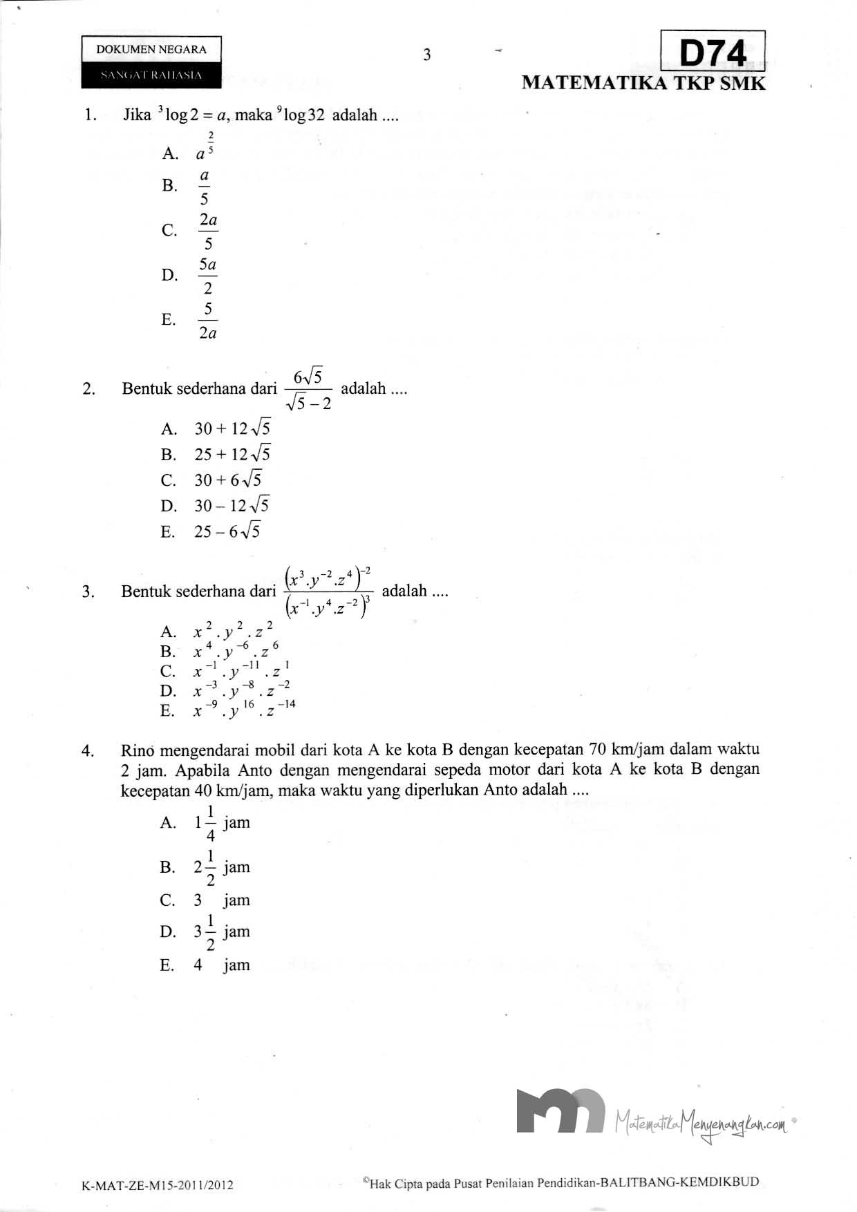 Download Soal Ujian Nasional Smk 2011 2012 Smk Matematika Tkp